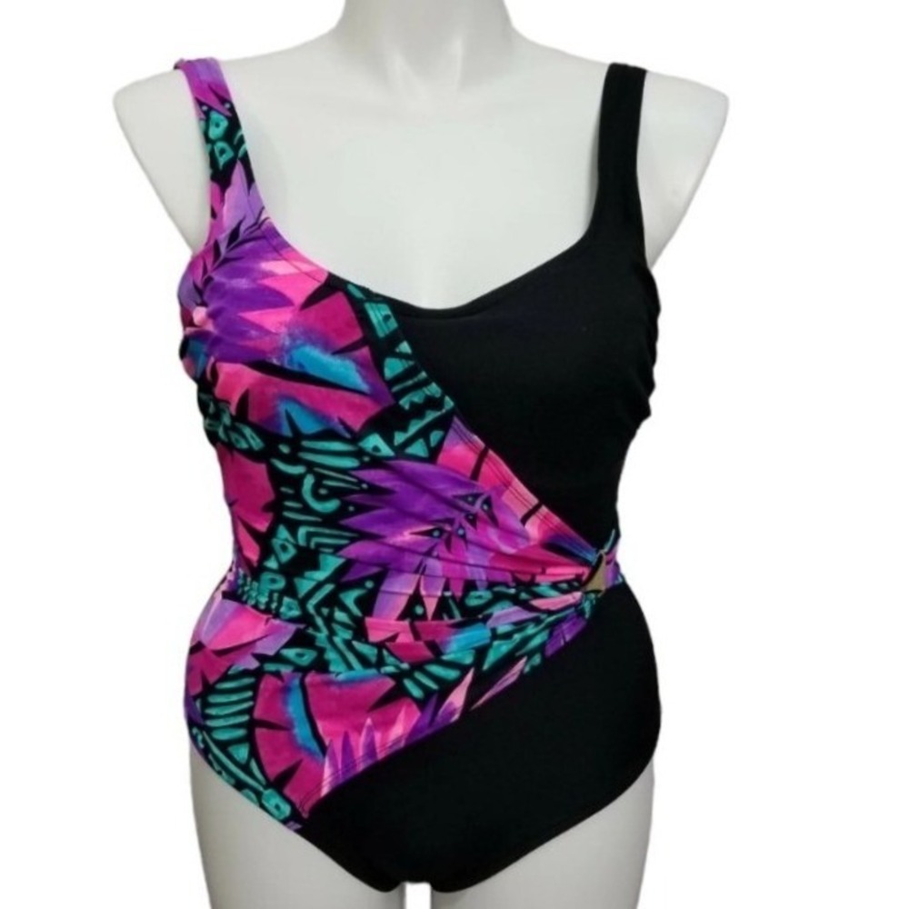 Slimsuit Vintage 90s One Piece Swimsuit Black Tropical Pink Purple Abstract 16